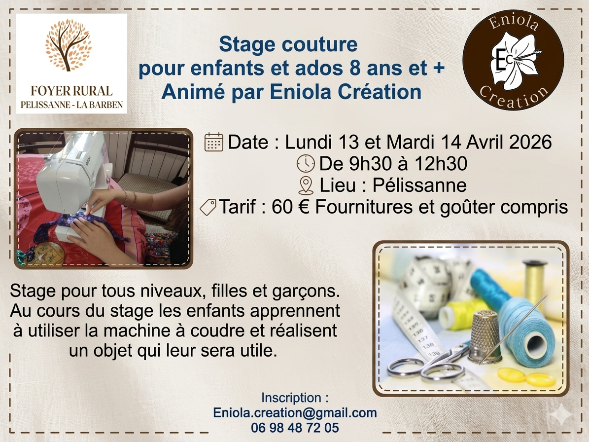 Stage couture pour enfants et ados 8 ans et +